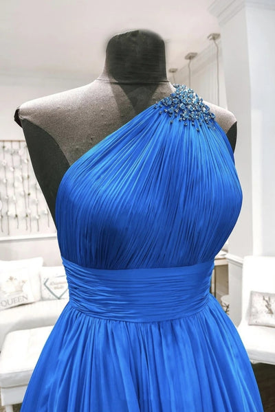 One Shoulder Backless Blue Chiffon Long Prom Dress Beaded Blue Long F Abcprom 2281