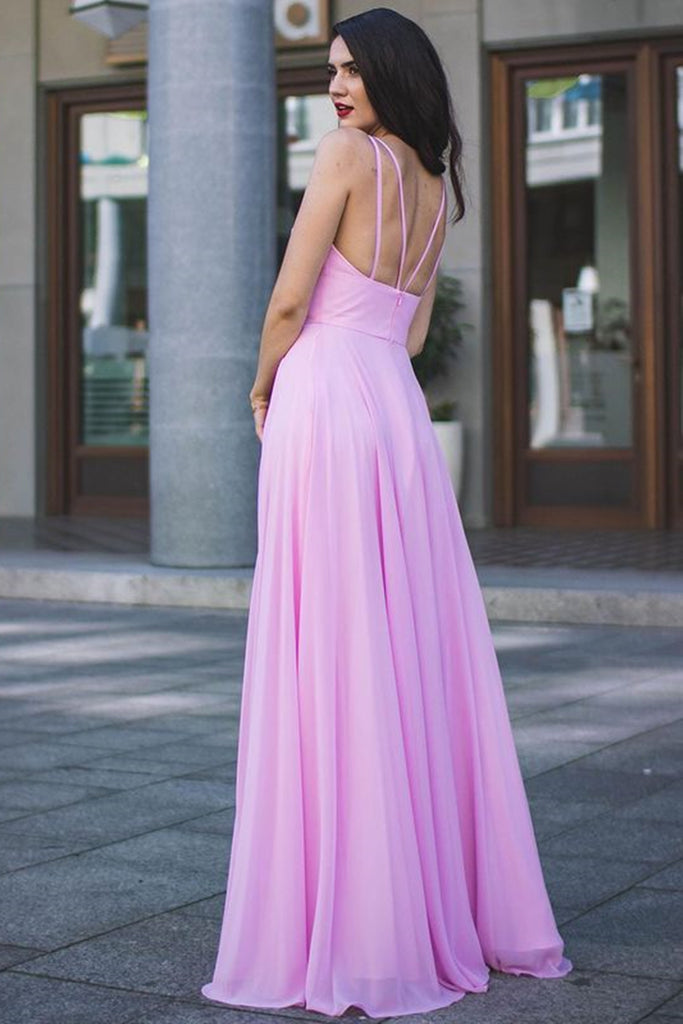 Open Back V Neck Pink Long Prom Dress with High Slit, Long Pink Formal ...