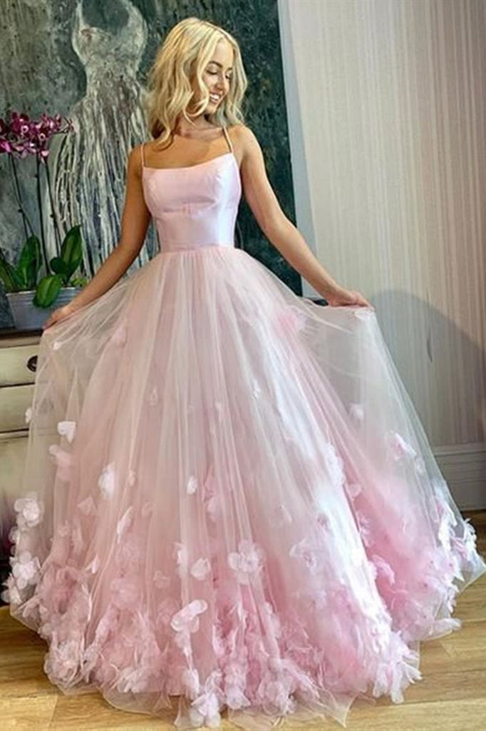 Pink Tulle Floral Long Prom Dresses Spaghetti Straps Pink Floral Long Abcprom 5334