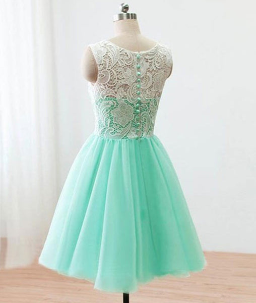 Pretty Round-Neck Lace Tulle Short Green Prom Dresses, Lace Homecoming ...