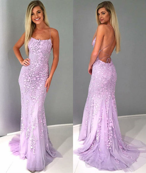 Purple Mermaid Spaghetti Straps Backless Lace Appliques Prom Dresses ...