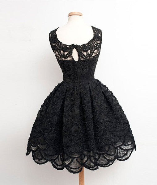 Retro A-line Black Lace Sleeveless Open Back Short Prom Dresses, Homec ...