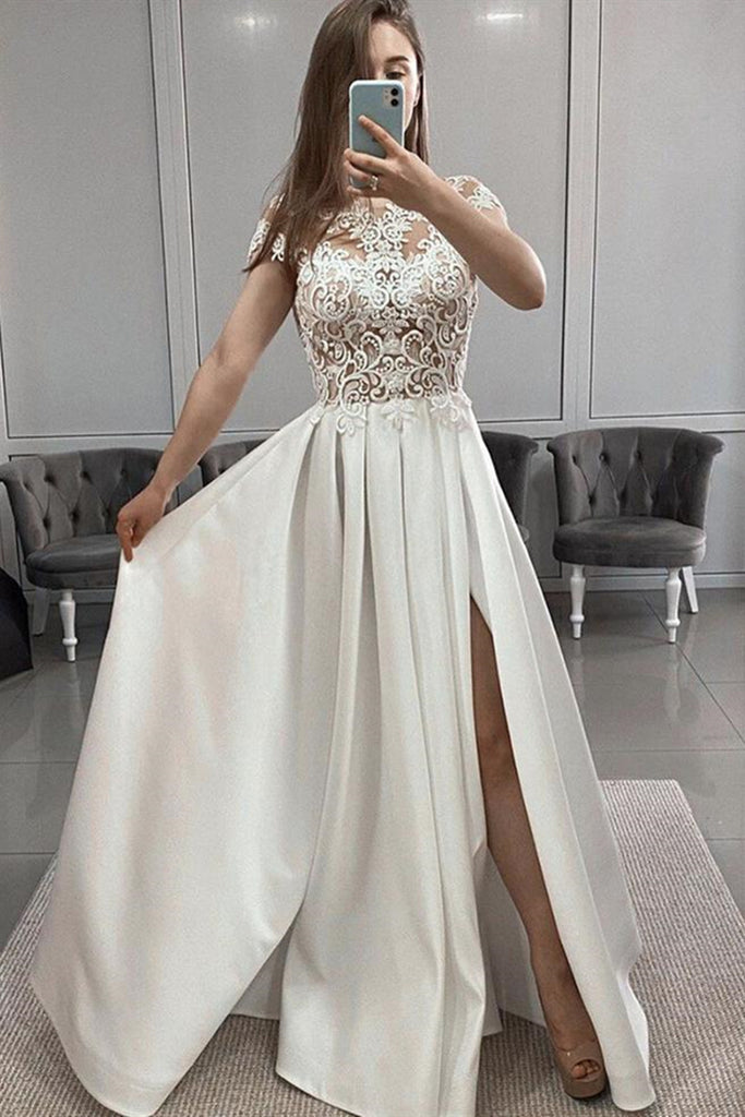 Round Neck Cap Sleeves White Lace Long Prom Dress with Slit, White Lac ...