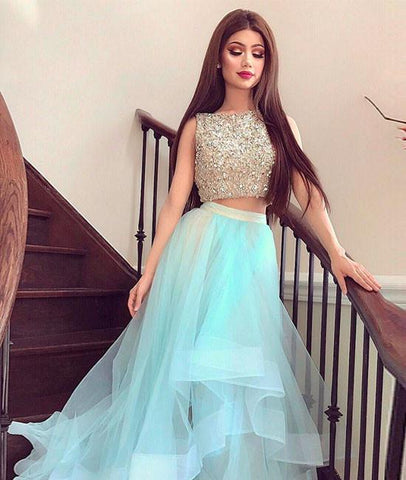 2 piece teal prom dress