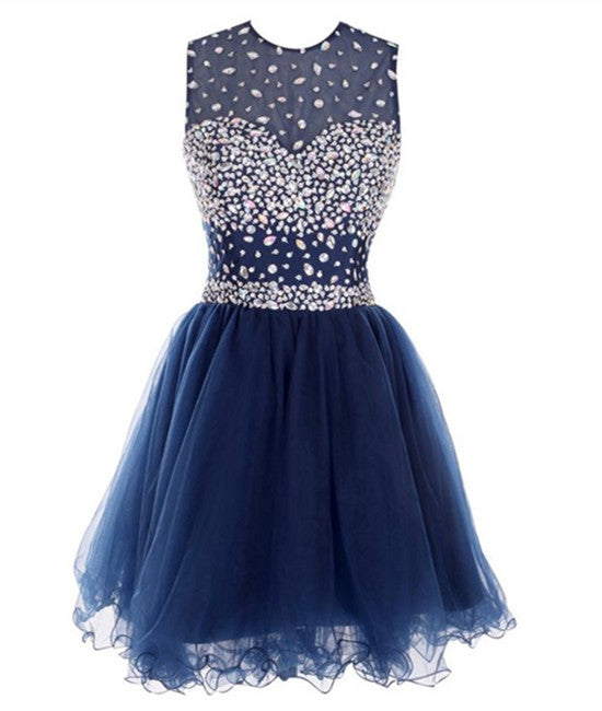 Round Neck Short Dark Blue Prom Dresses, Short Dark Blue Homecoming Dr ...