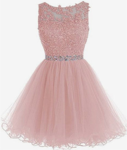 Round Neck Lace Short Pink Prom Dresses 