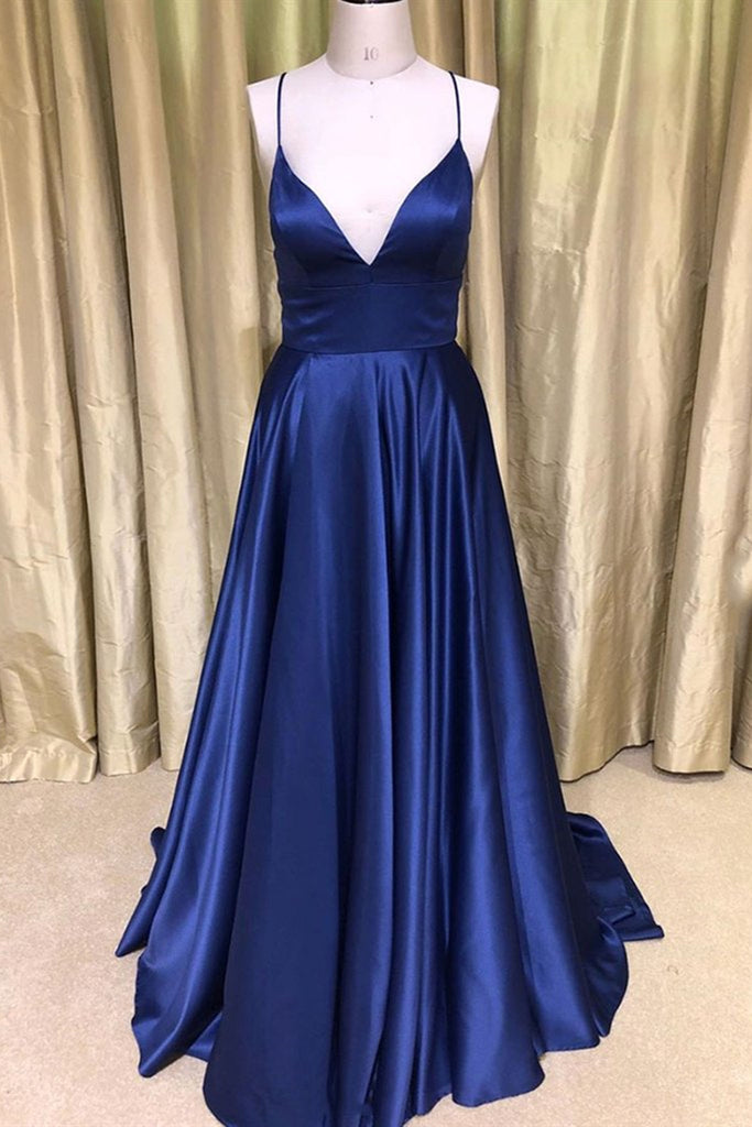 satin royal blue prom dress