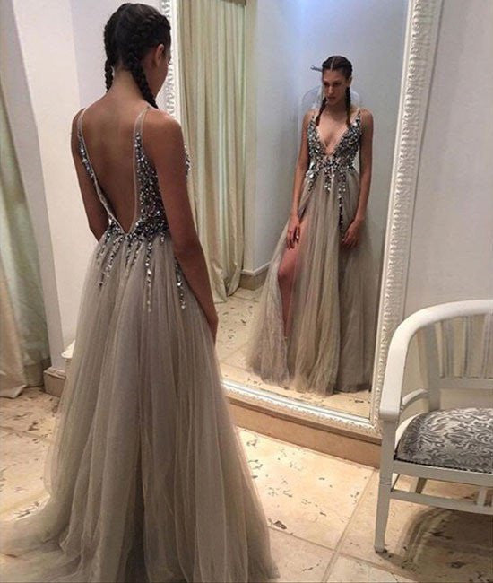 grey long prom dress