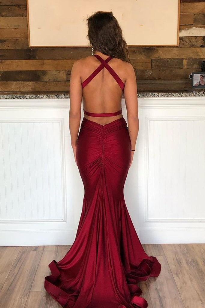 Sexy V Neck Mermaid Backless Burgundy Satin Long Prom Dresses Burgund Abcprom 9156