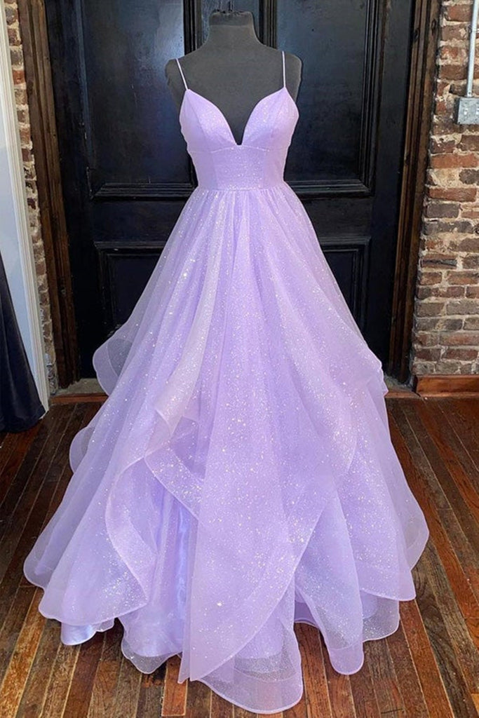 Shiny Tulle V Neck Backless Purple Long Prom Dress, Backless Lavender ...