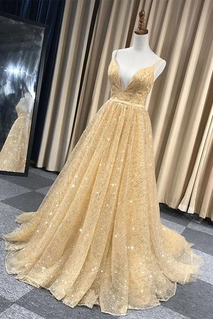 Shiny V Neck Backless Long Golden Prom Dress Sparkly Golden Formal Dr Abcprom