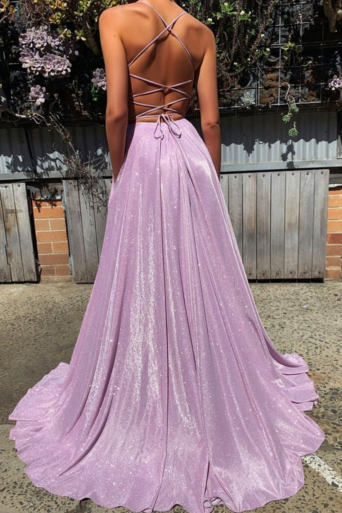Shiny V Neck Backless Purple Long Prom Dress, Open Back Purple Formal