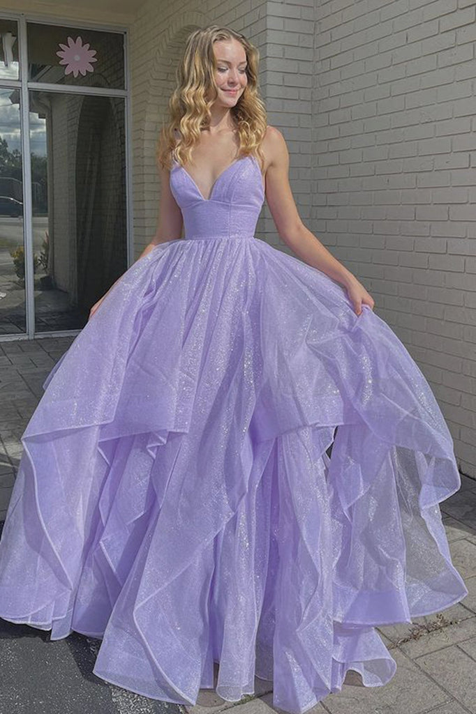 Shiny V Neck Fluffy Purple long Prom Dress, Long Purple Formal Evening