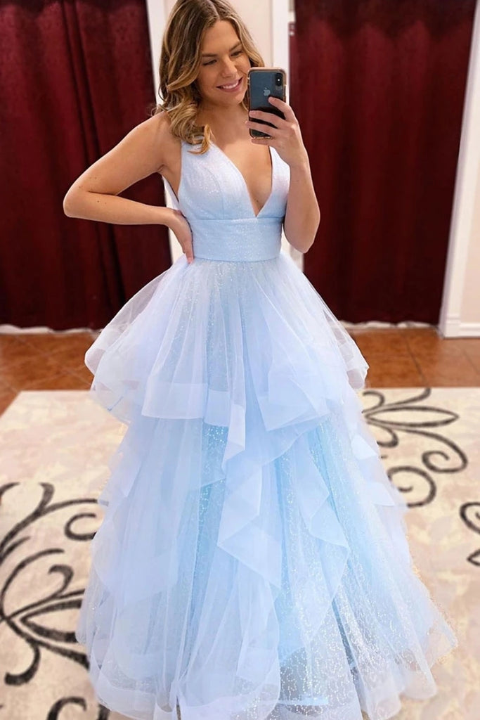 Shiny Light Blue V Neck Sequins Tulle Long Prom Dress Pleated Light B