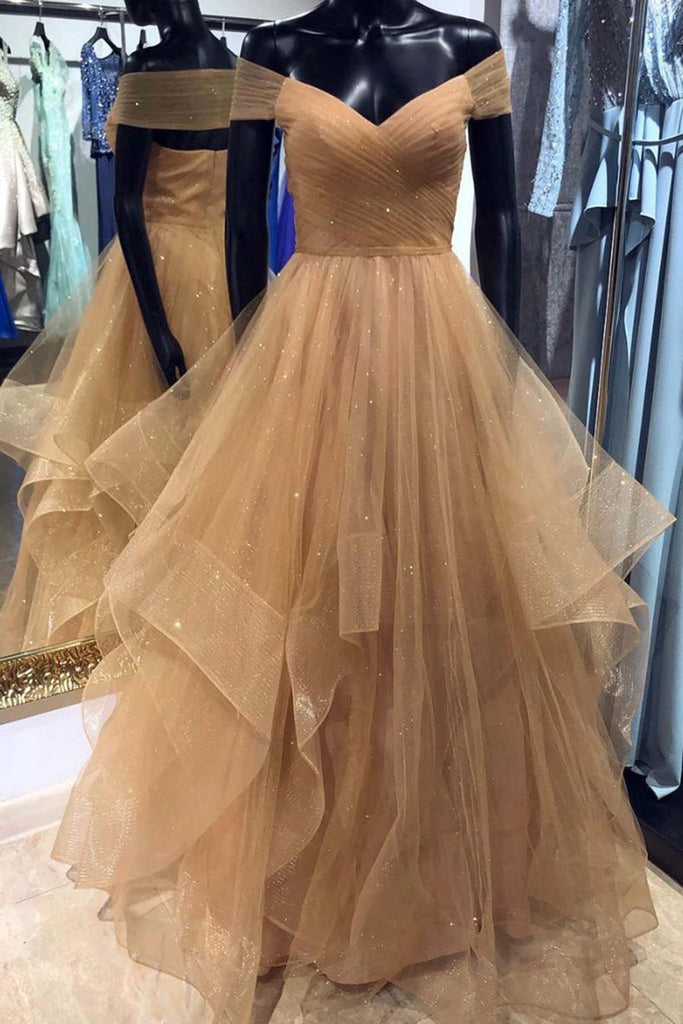 champagne off the shoulder prom dress