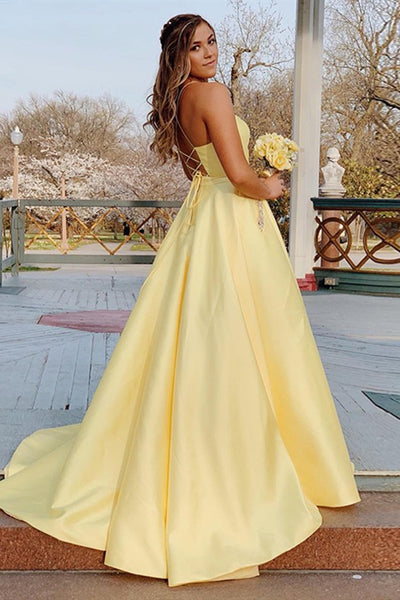 Simple A Line V Neck Yellow Satin Long Prom Dress With Pockets V Neck Abcprom 