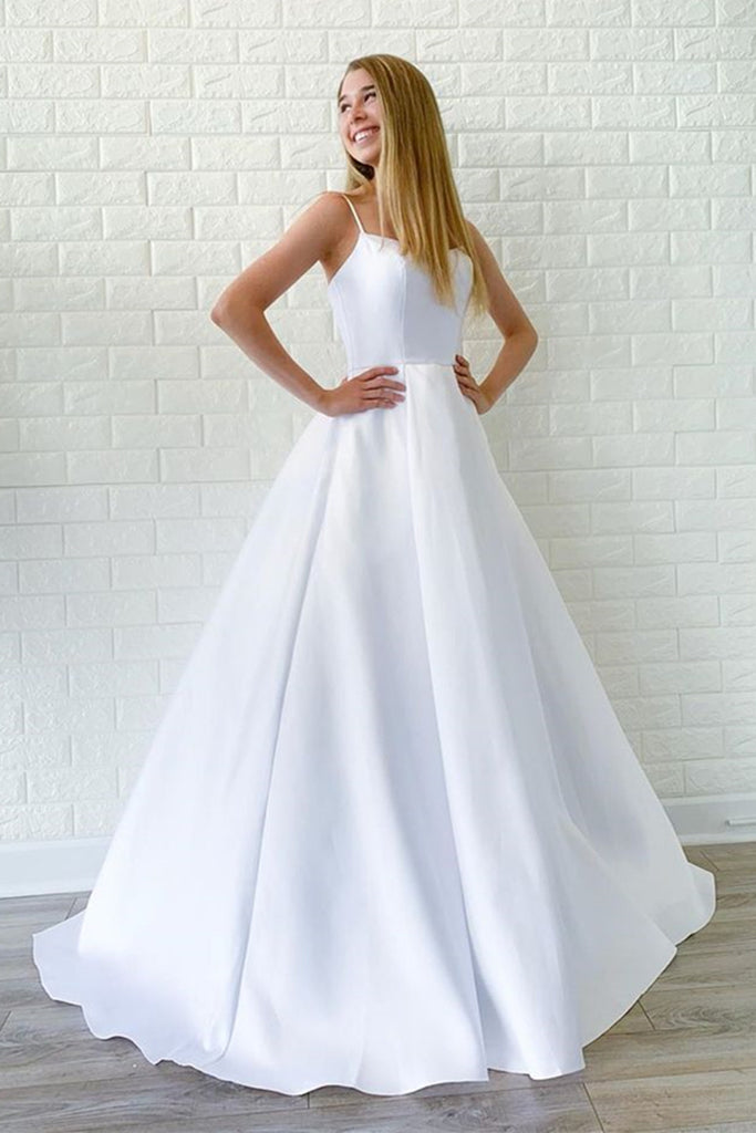 Simple A Line White Satin Long Wedding Prom Dress, Cheap White Formal ...