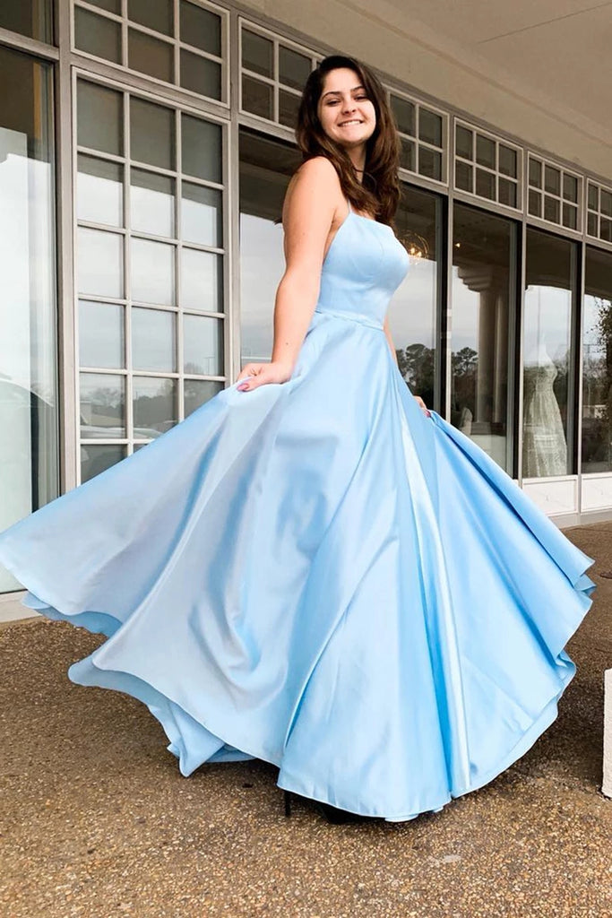 satin baby blue prom dress
