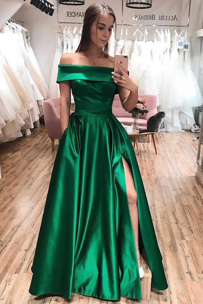 green off the shoulder long dress