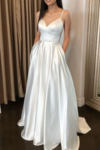 Simple White Satin Long Prom Dresses 