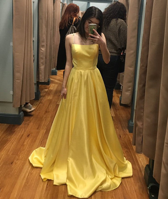 yellow spaghetti strap prom dress