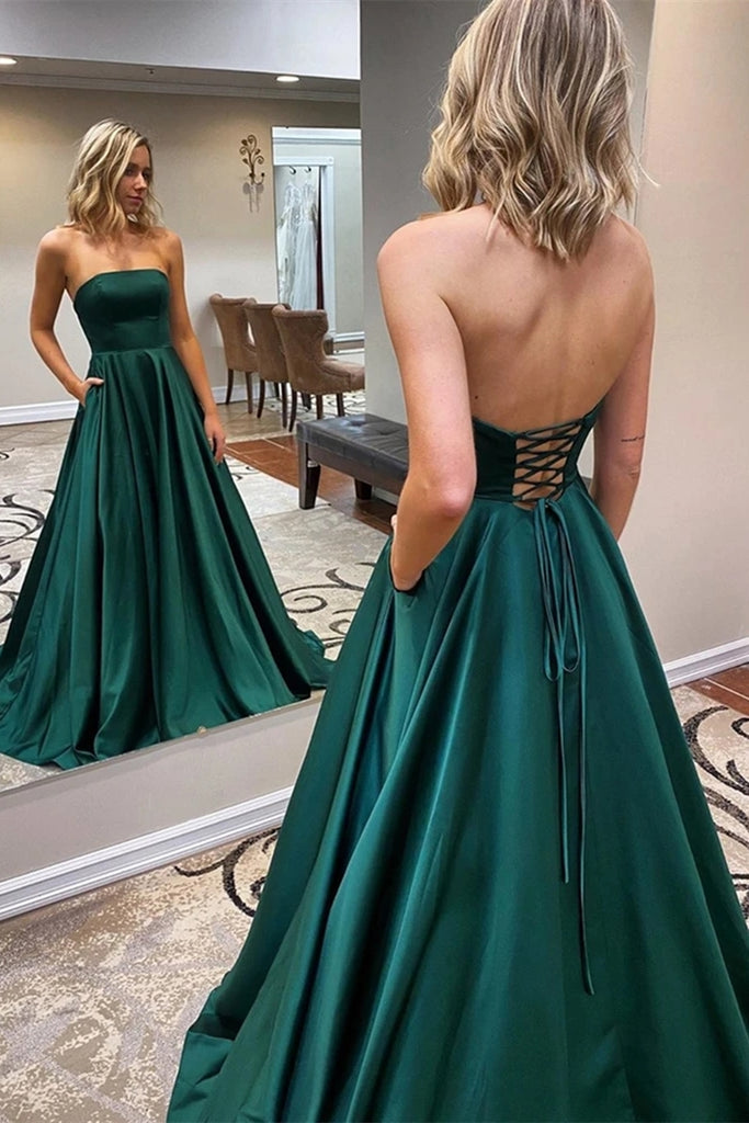 Strapless Backless Emerald Green Long Prom Dress, Backless Emerald Gre ...