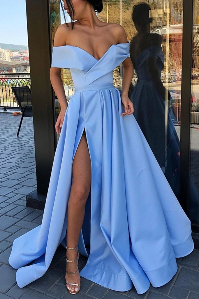 Stylish Off Shoulder Light Blue Long Prom Dress With High Slit Off Sh Abcprom 