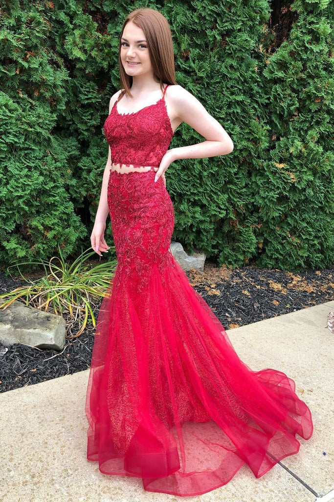 Two Pieces Mermaid Burgundy Lace Long Prom Dress 2 Pieces Burgundy Fo Abcprom 5628