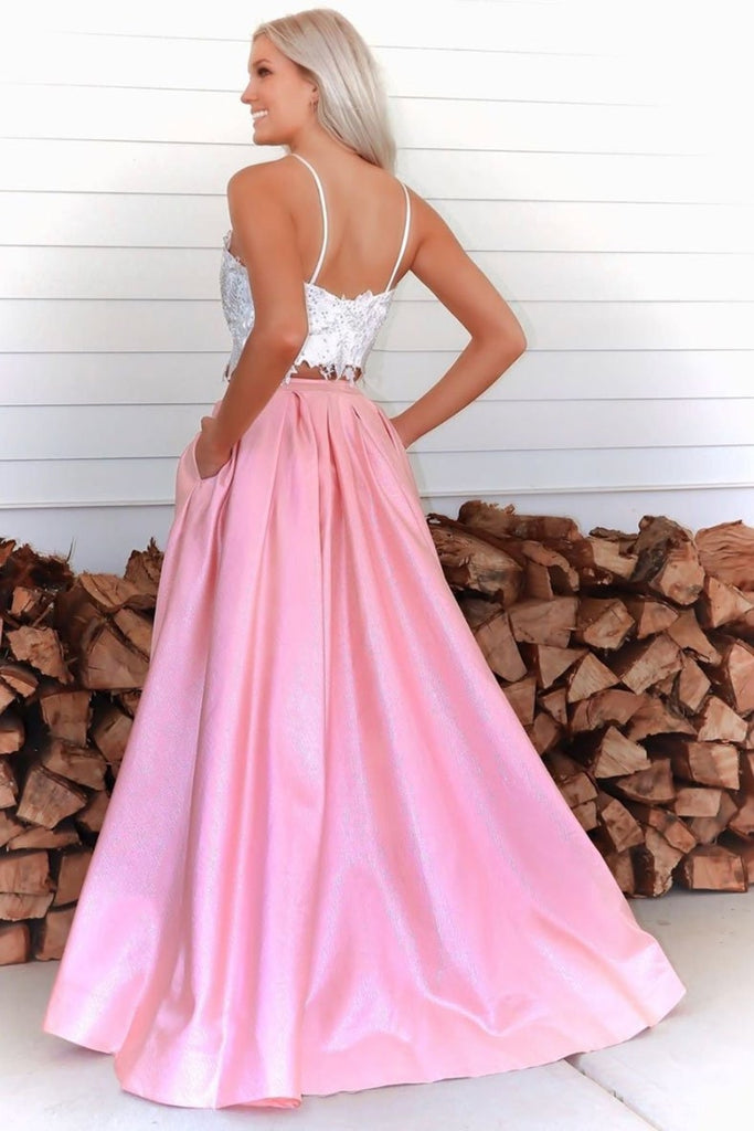 Two Pieces White Lace Top Pink Long Prom Dress With High Slit 2 Piece Abcprom 1795