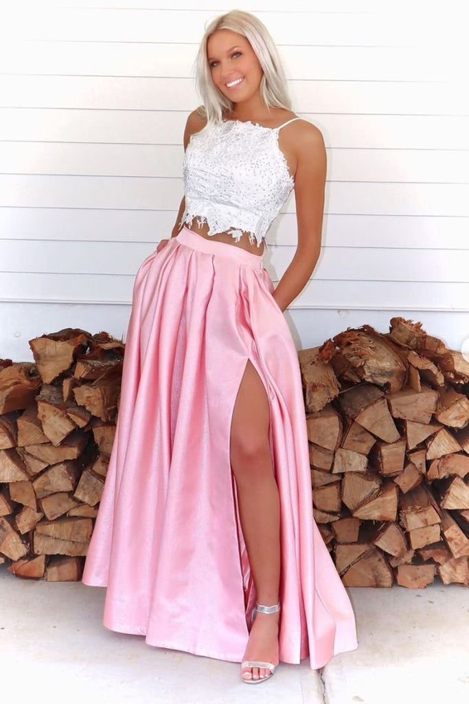 Two Pieces White Lace Top Pink Long Prom Dress with High Slit, 2 Piece ...