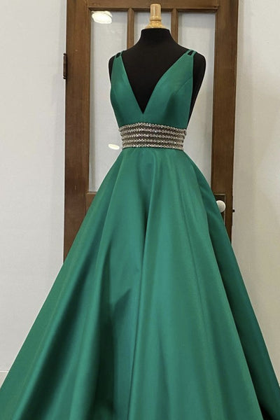 V Neck Emerald Green Satin Long Prom Dress, Emerald Green Formal Gradu ...