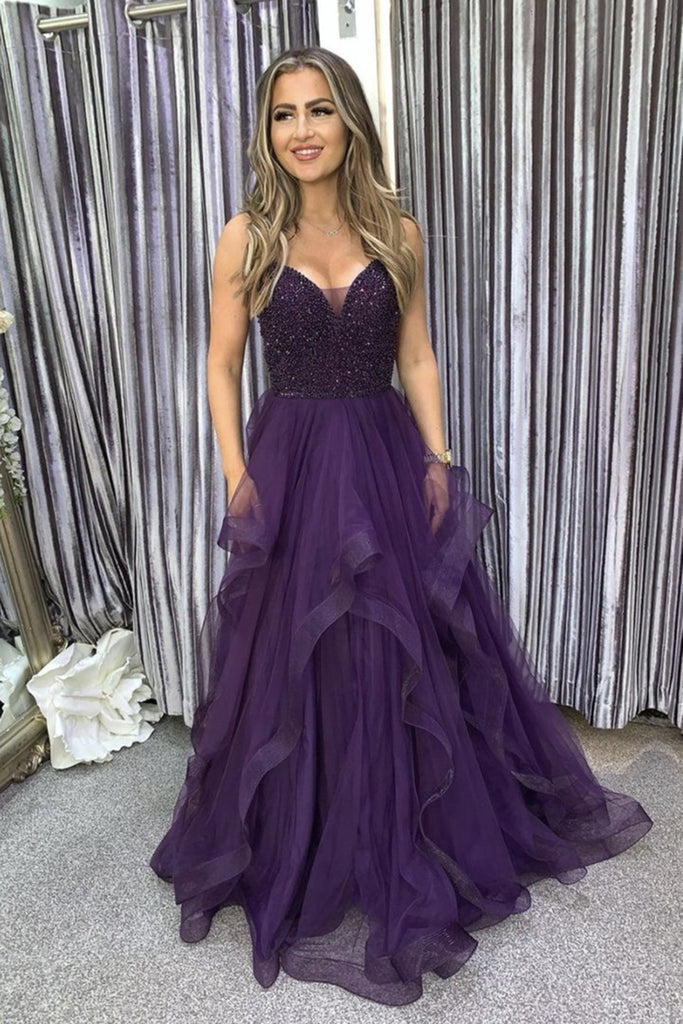V Neck Purple Beaded Long Prom Dress, Fluffy Purple Formal Evening Dre ...