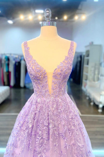 V Neck Purple Lace Long Prom Dress Lilac Lace Formal Dress Purple Ev Abcprom 