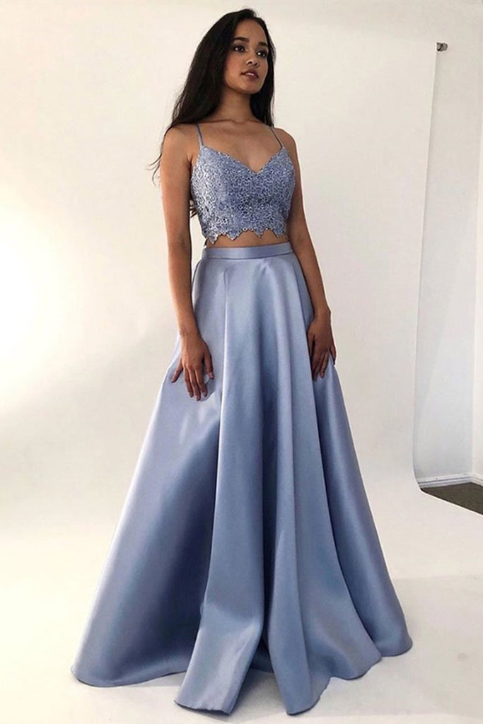 V Neck Two Pieces Light Blue Lace Long Prom Dress, 2 Pieces Light Blue –  abcprom
