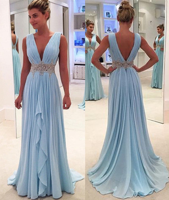 V Neck And V Back Sky Blue Prom Dresses, V Neck Sky Blue Formal Dresse