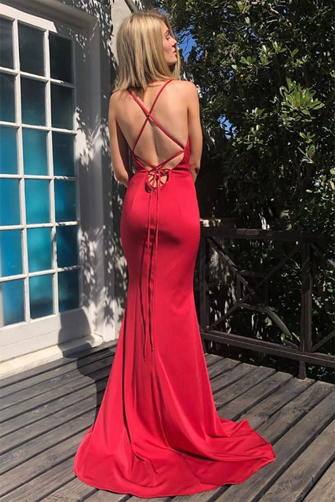 V Neck Mermaid Backless Red Long Prom Dress, Mermaid Backless Red Form ...