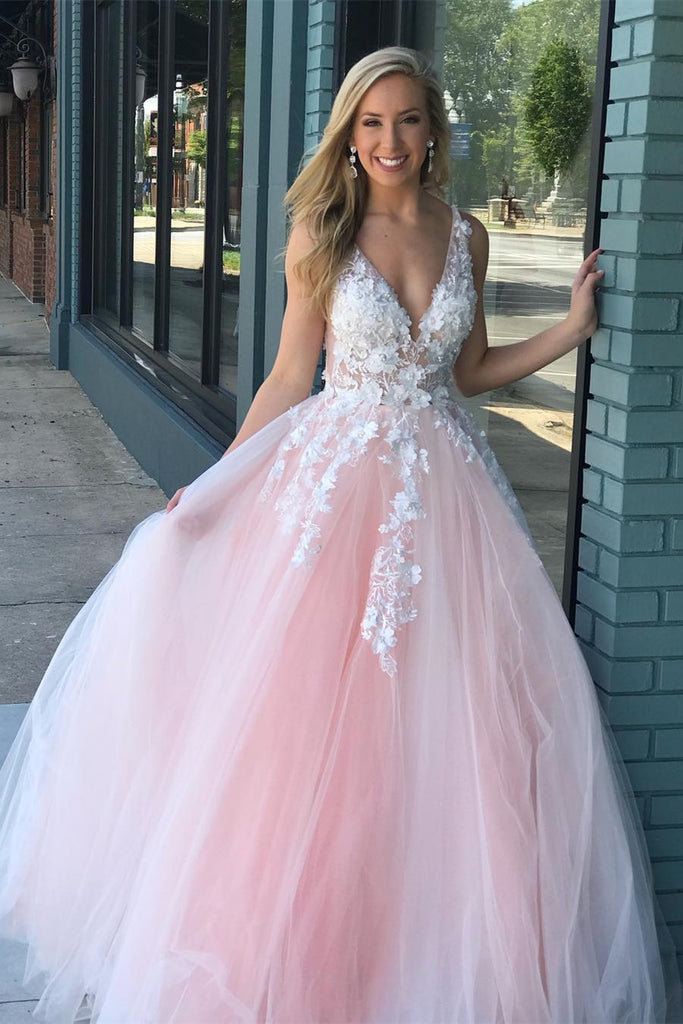 V Neck Pink Lace Long Prom Dress 2020 with Appliques, V Neck Pink Form ...