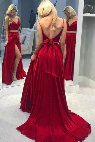 red satin long prom dress