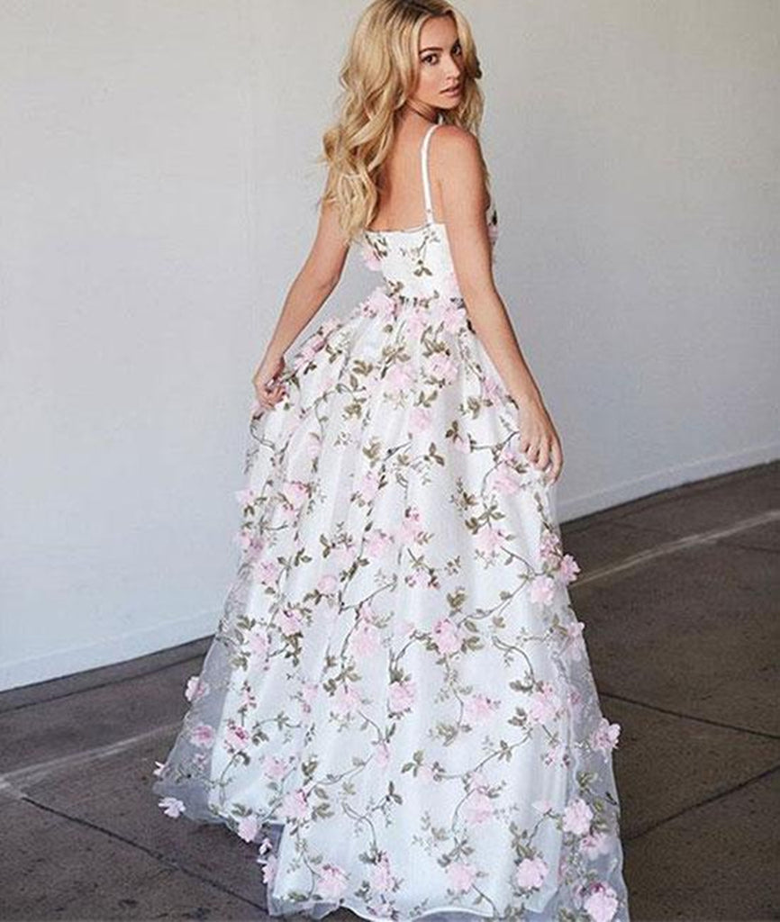 White V Neck 3D Flower Applique Long Prom Dress, V Neck White Formal D