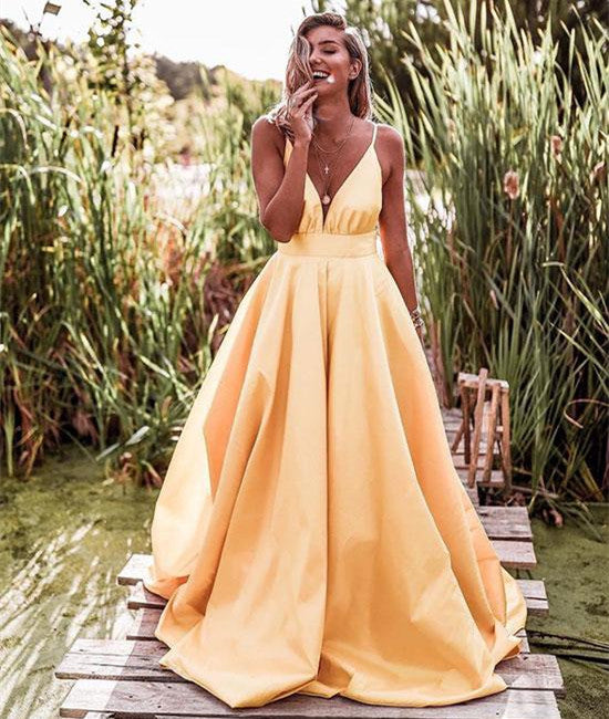 yellow a line prom dress