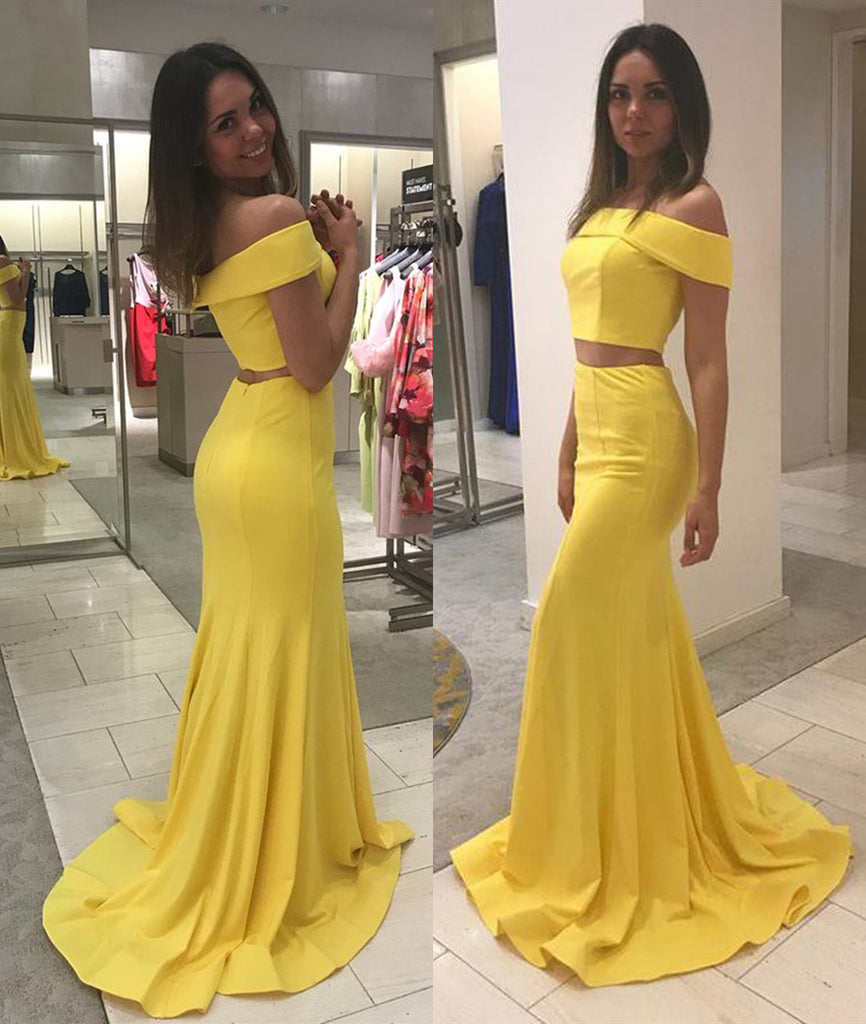 yellow off the shoulder mermaid dress