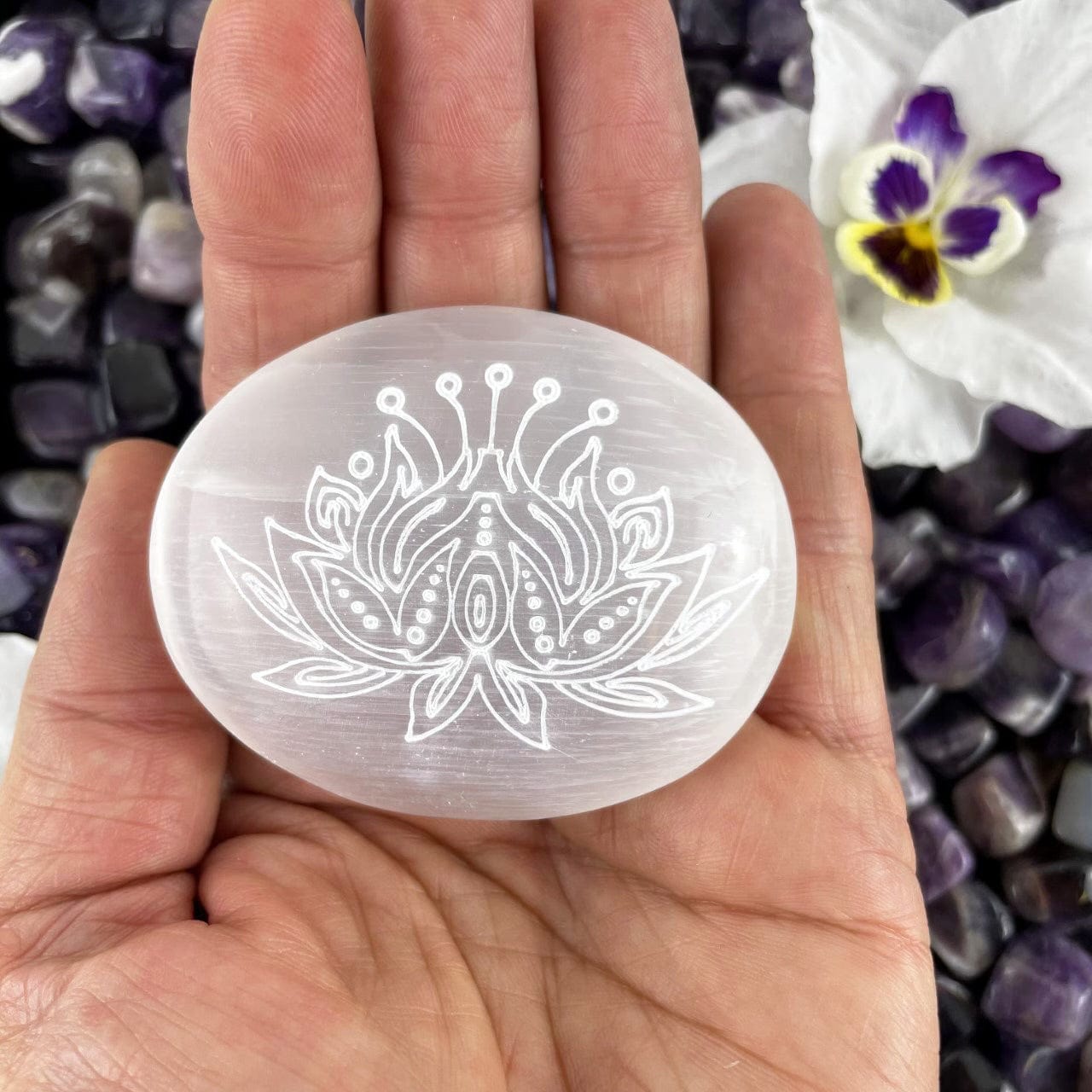 Selenite Palm Stones - Engraved with Lotus Design