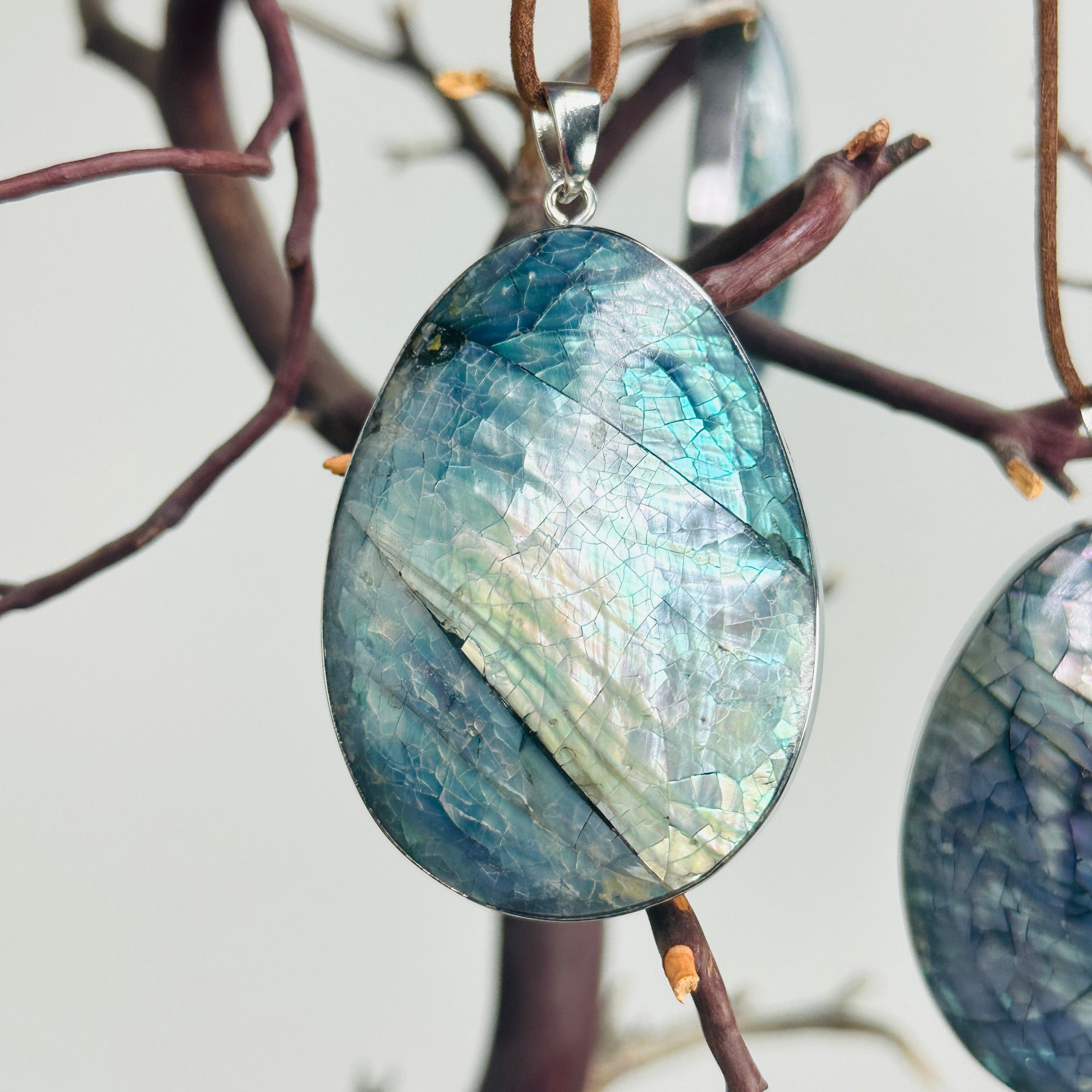 Abalone Mosaic Large Teardrop Pendant with Silver Ornament