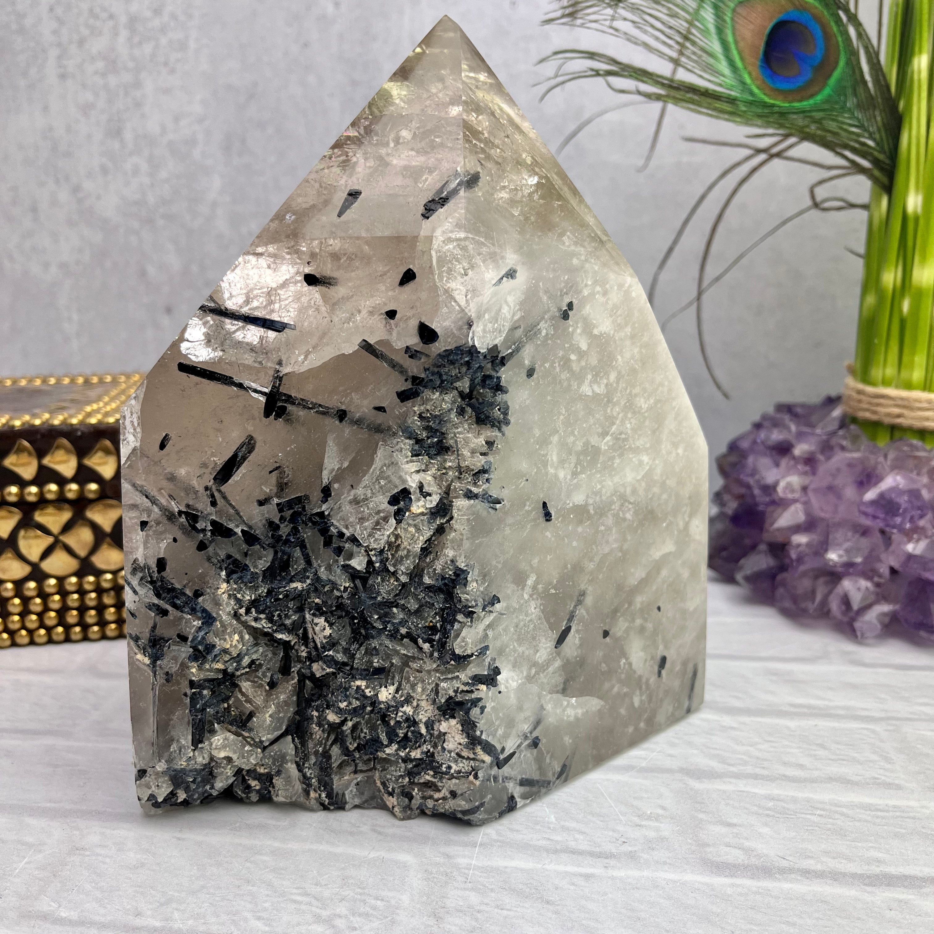 Smokey Quartz Crystal Point With Tourmaline Formation