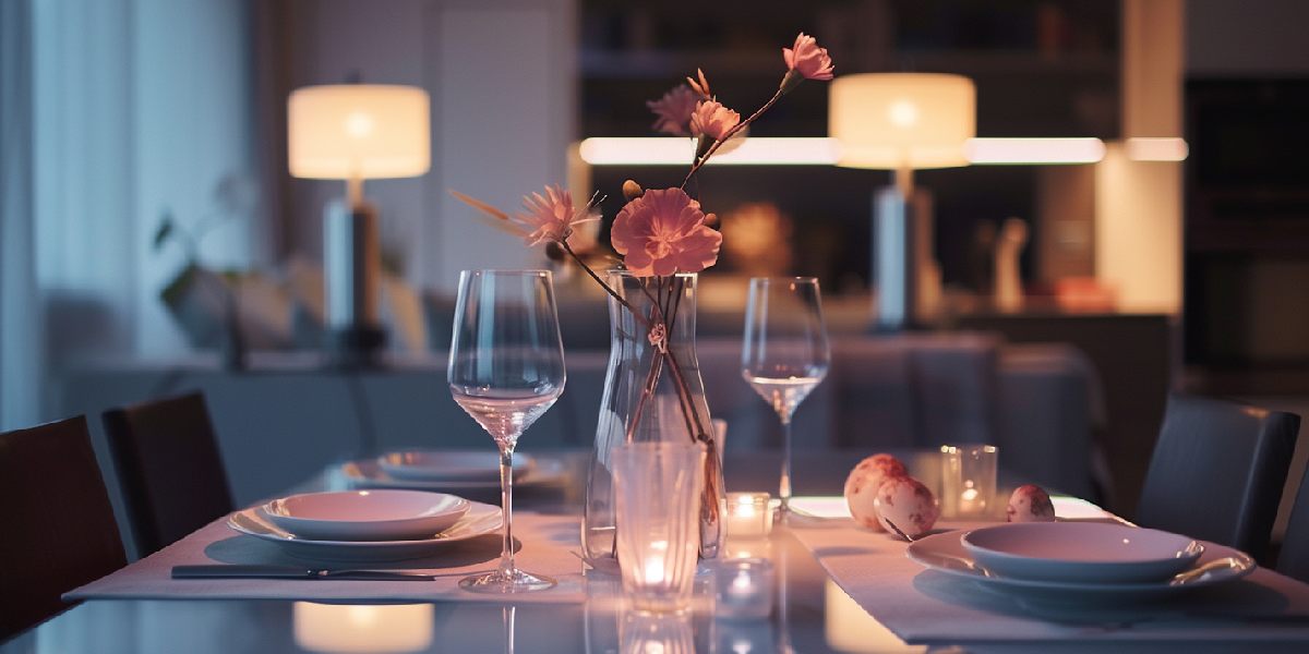 table setting with chargers: White plates, wine glasses, flowers, candles, modern kitchen background