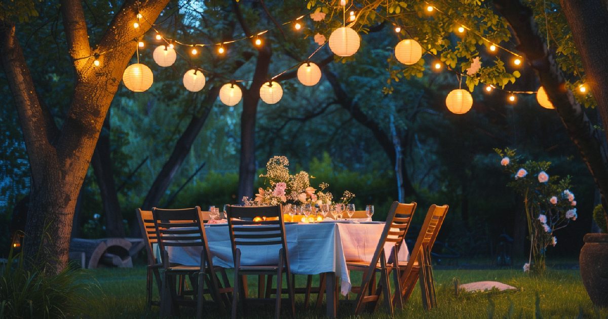 Dinner table set under best lights for party in a garden at dusk