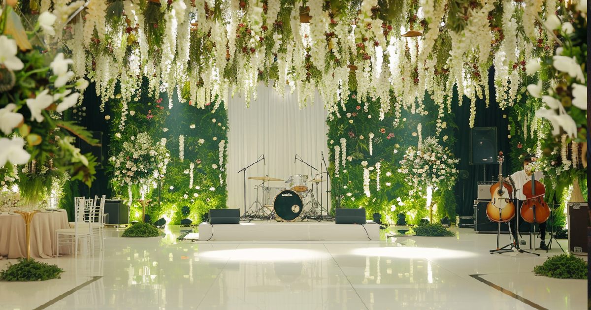 Elegant venue with best lights for party, adorned with flowers, ready for music.