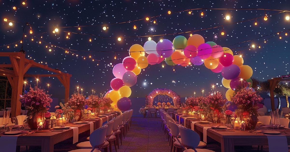 Starry night with best lights for party, balloons, and floral centerpieces