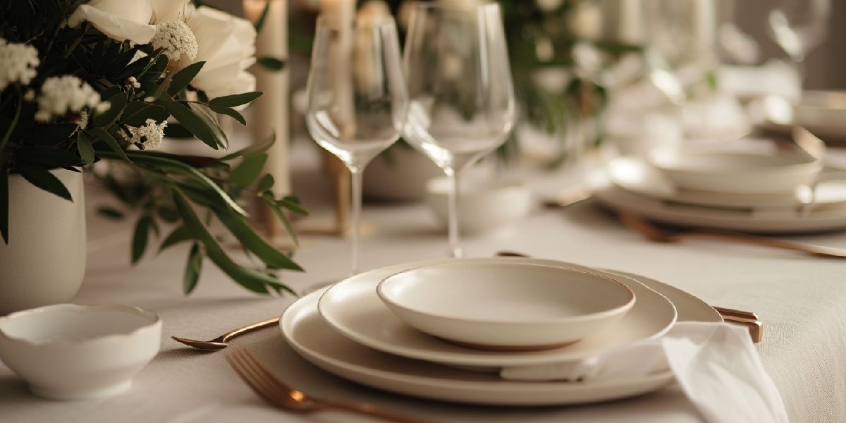 Table setting with chargers: White plates, golden fork, wine glasses, and floral centerpiece