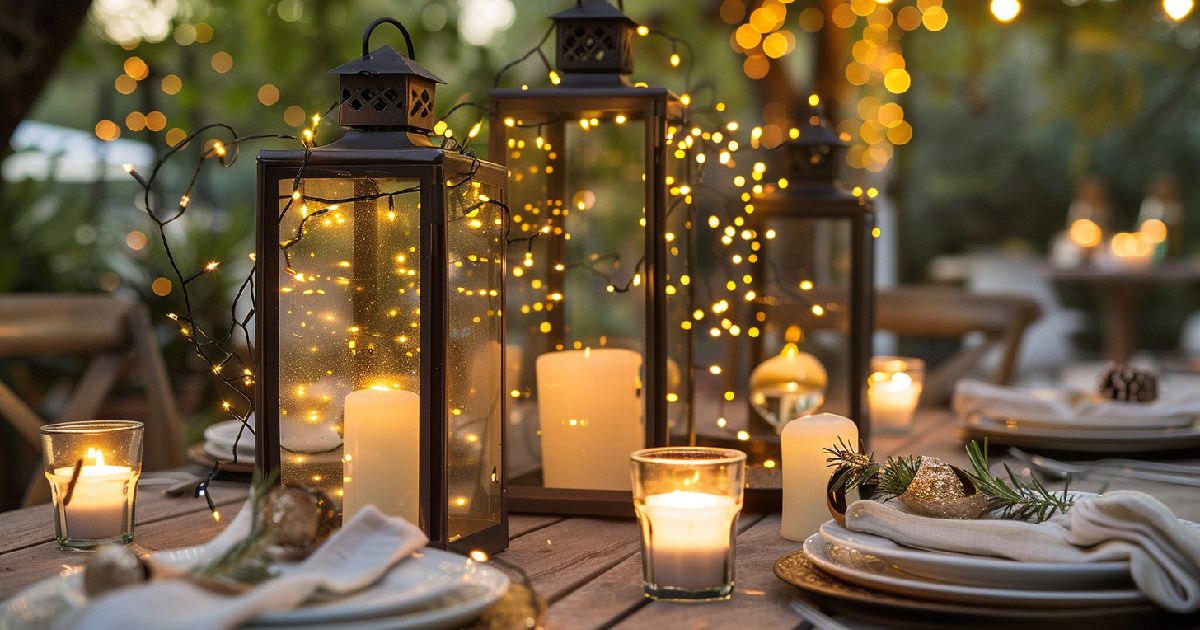 Table setting with best lights for party: lanterns, candles, and fairy lights